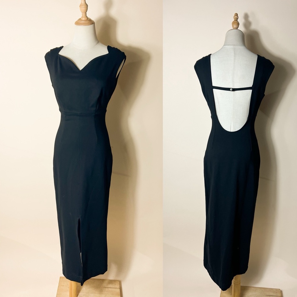 ANTHROPOLOGIE Maeve Sweetheart Neck Open Back Fitted Stretch Black Midi Dress